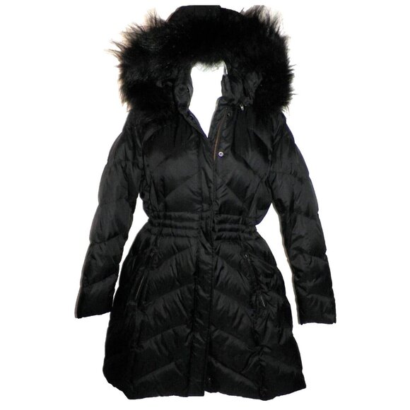Women's S Talbots Petite Down Puffer Coat Parka Adj Waist Hood Black - Picture 5 of 13